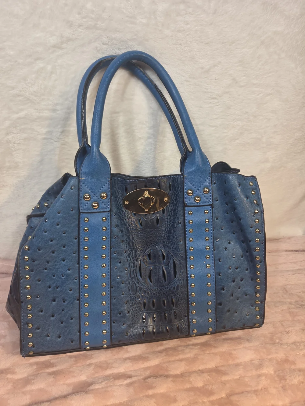 Blue Textured Tote Handbag with Stud Accents